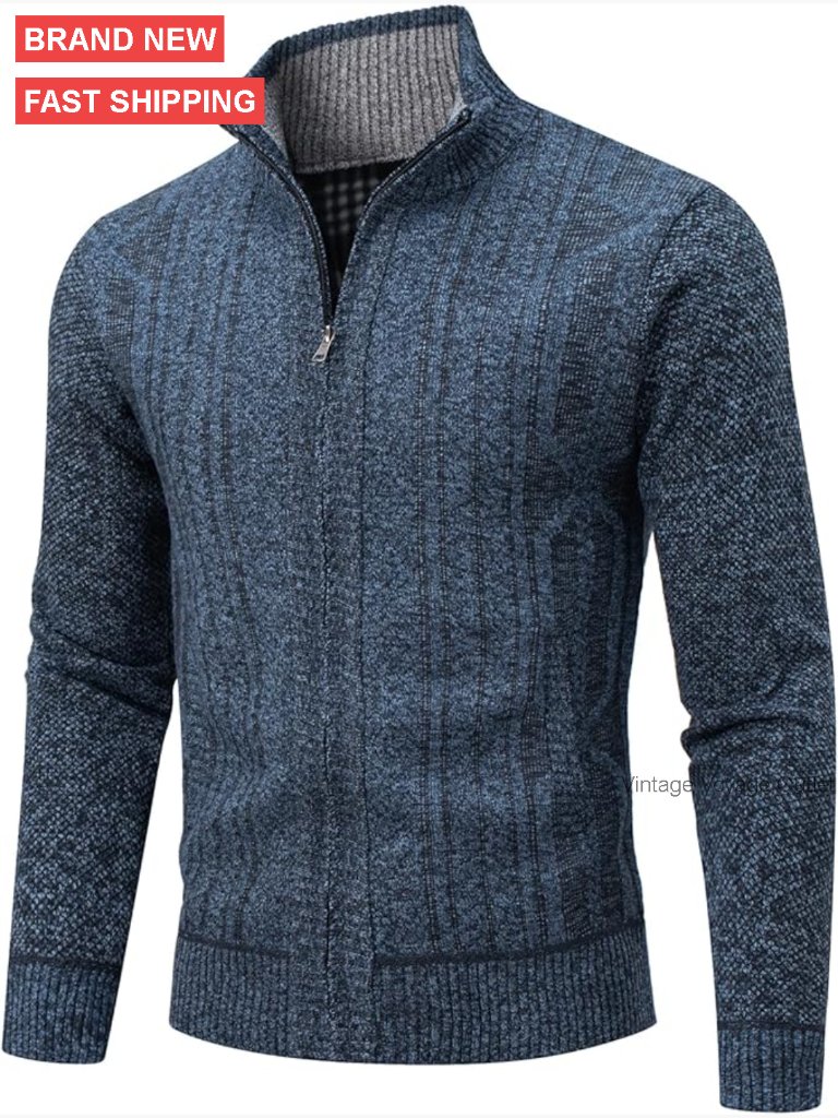 Men's Slim Fit Cable Knit Cardigan Full Zip Stand Collar Sweater With Pockets